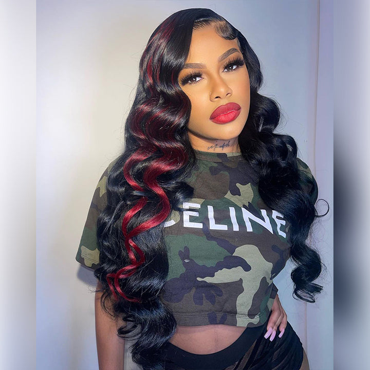 Aliglossy 250 300 Density Wand Curls 13x4 Lace Front Black Wig With Red Highlights
