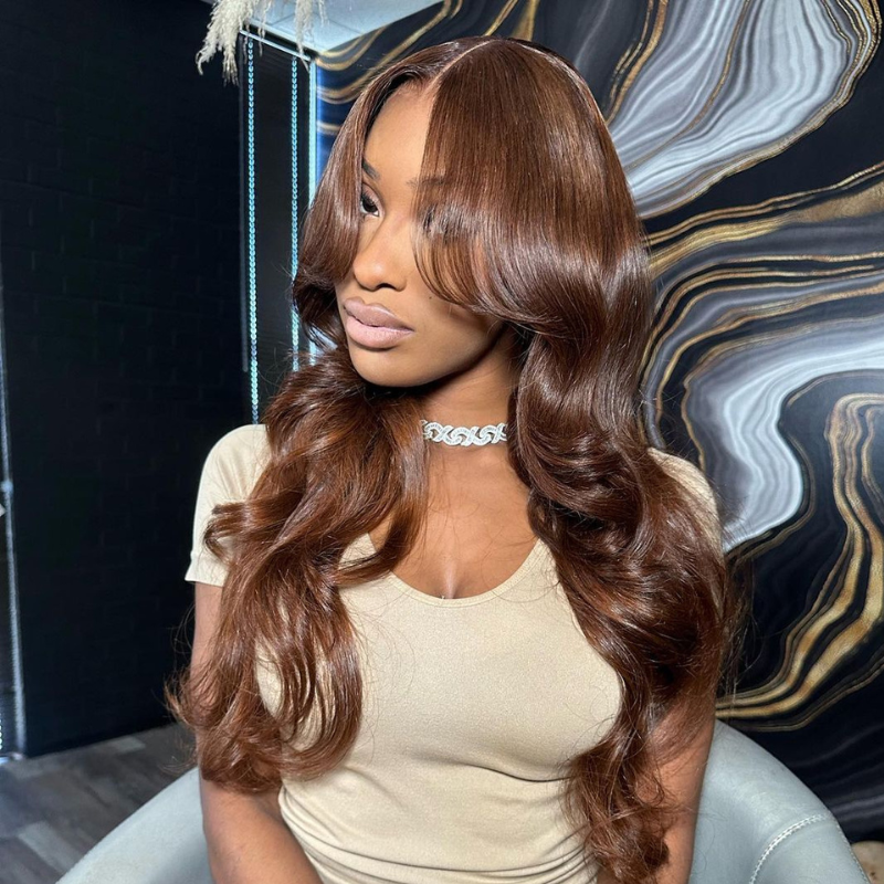 Aliglossy Curtain Bangs Chocolate Brown #4 13x4 HD Transparent Lace Front Human Hair Wig