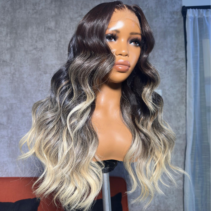 Aliglossy Ombre Brown Ash Blonde Highlight Wig 250 Density 13x4 Lace Front Human Hair Wigs