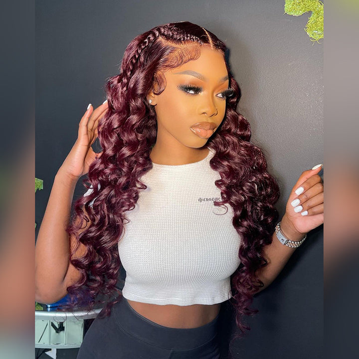 Aliglossy Wand Curls Burgundy Red 13x4 Lace Front Human Hair Wigs