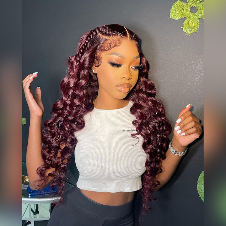 Aliglossy Wand Curls Burgundy Red 13x4 Lace Front Human Hair Wigs