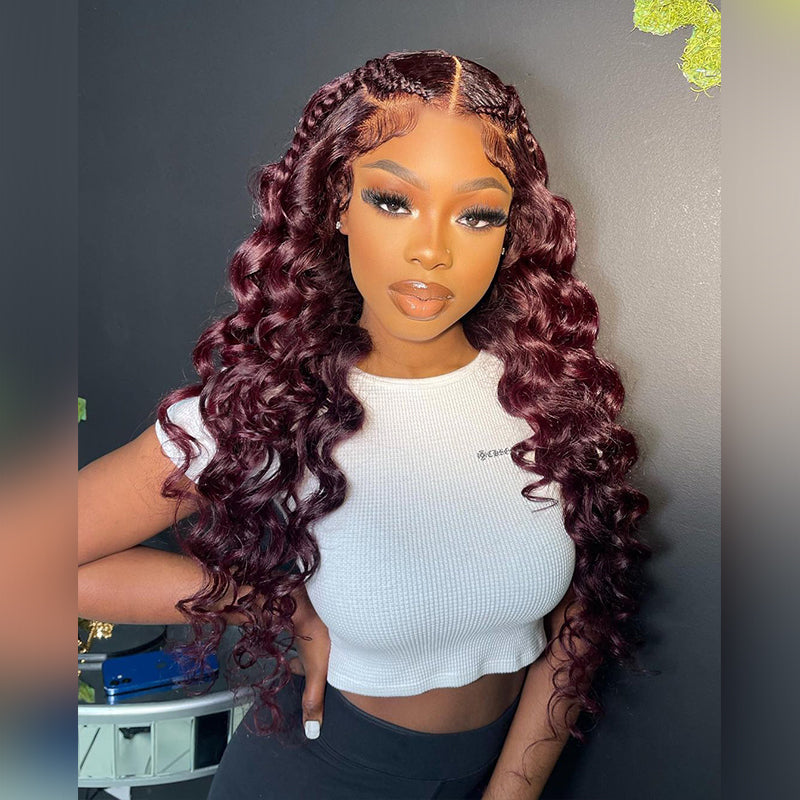 Aliglossy Wand Curls Burgundy Red 13x4 Lace Front Human Hair Wigs