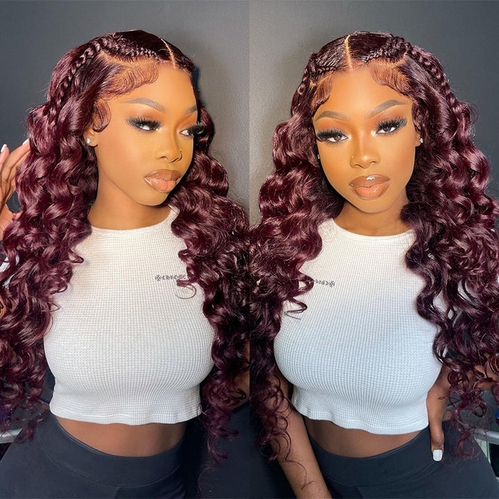 Aliglossy Wand Curls Burgundy Red 13x4 Lace Front Human Hair Wigs