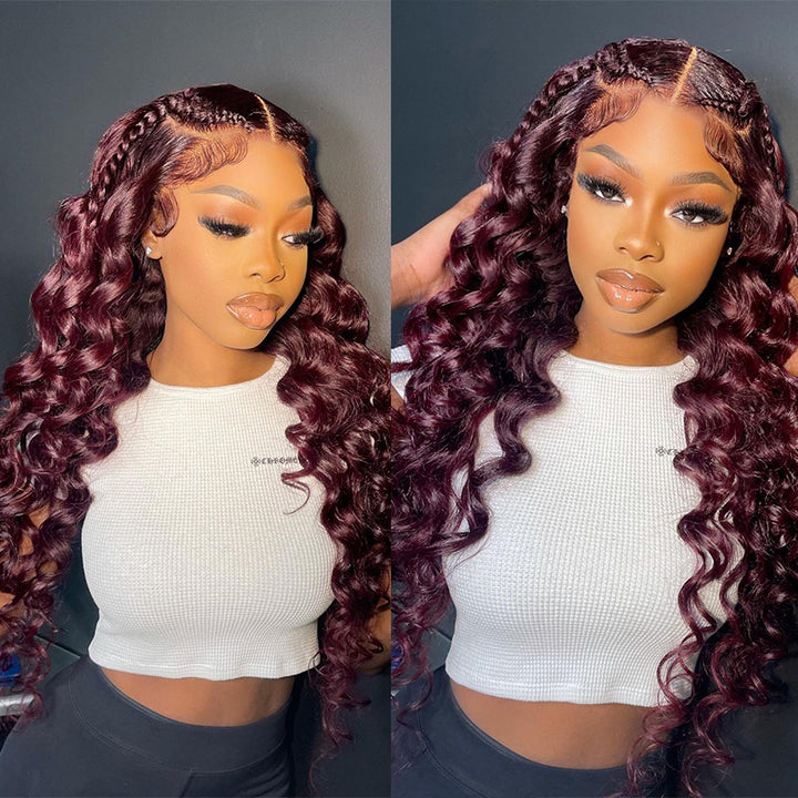 Aliglossy Wand Curls Burgundy Red 13x4 Lace Front Human Hair Wigs