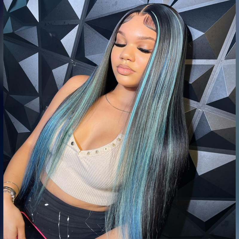 ALIGLOSSY 250 Density Black Wig With Light Blue Highlights 13x4 Lace Frotnal Human Hair Wig