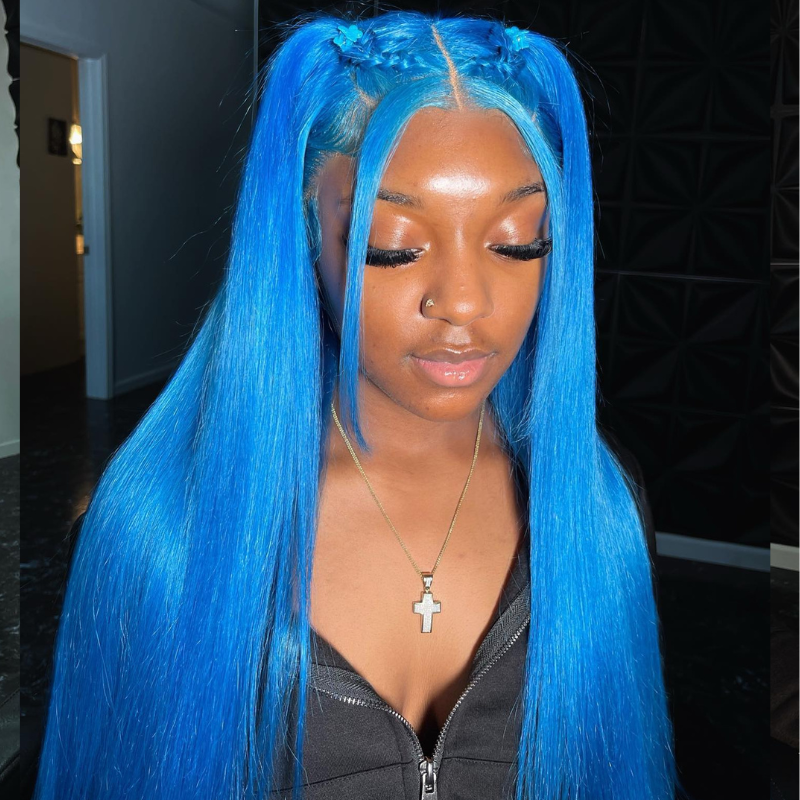 Aliglossy 250 Density Blue Color 13x4 Lace Front Straight Weave Human Hair Wigs