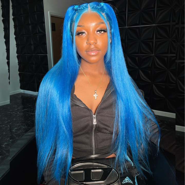 Aliglossy 250 Density Blue Color 13x4 Lace Front Straight Weave Human Hair Wigs