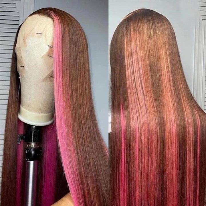 ALIGLOSSY Reddish Brown With Pink Highlights 13x4 Lace Front Human Hair Wig