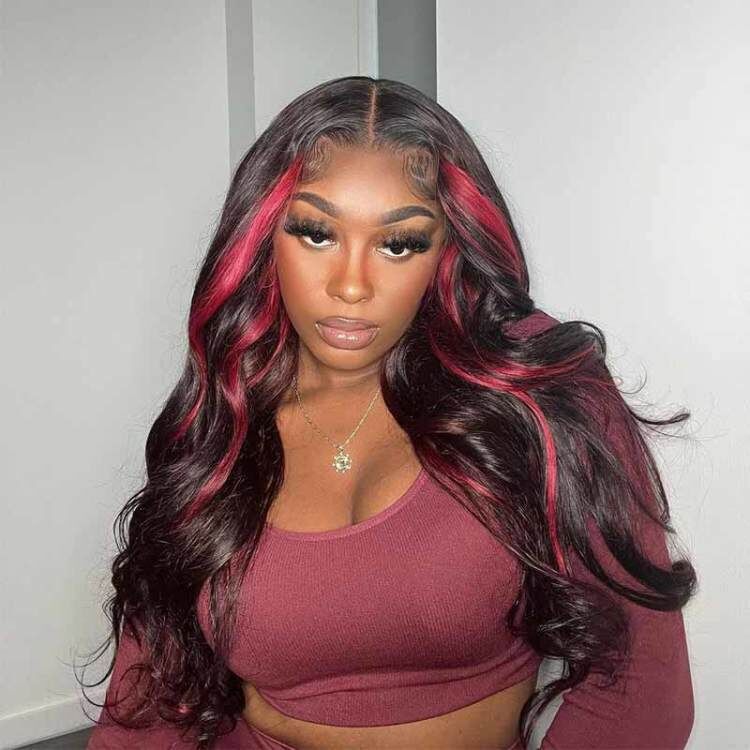 ALIGLOSSY 200% 250% Burgundy Highlight 13x4 HD Lace Front Body Wave Hair Wig