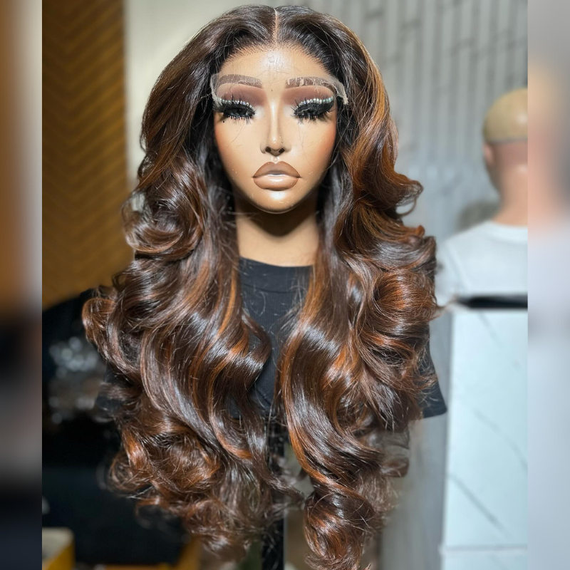 Aliglossy 250 Density Ginger On Brown Highlights 13x4 Front Body Wave Hair Wigs