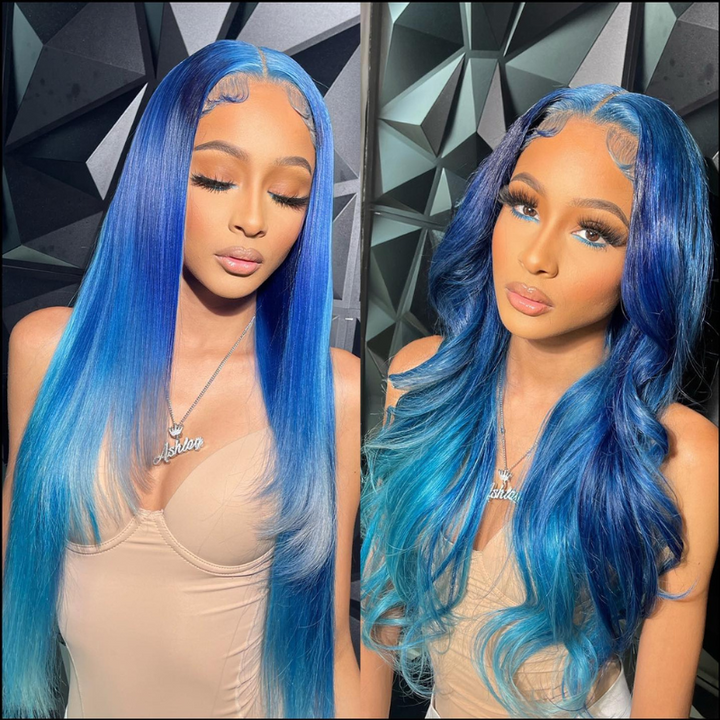 Aliglossy Ombre Blue Layered Cut Hair Wig 250% Density 13x4 Transparent Lace Frontal Wigs