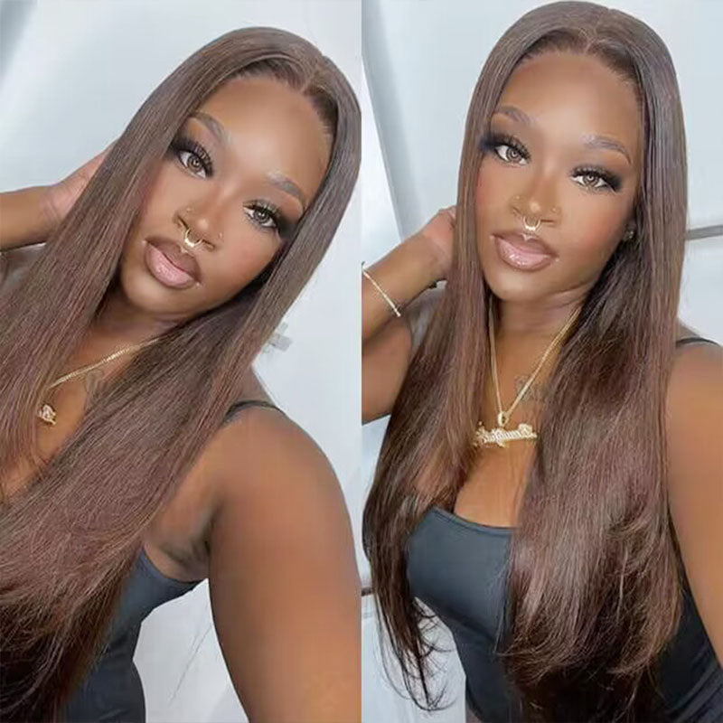 ALIGLOSSY Pre Cut Wear Go Glueless Chocolate Brown Straight Hair Lace Closure Wig 4x4 5x5 HD Transparent Human Hair Lace Wigs