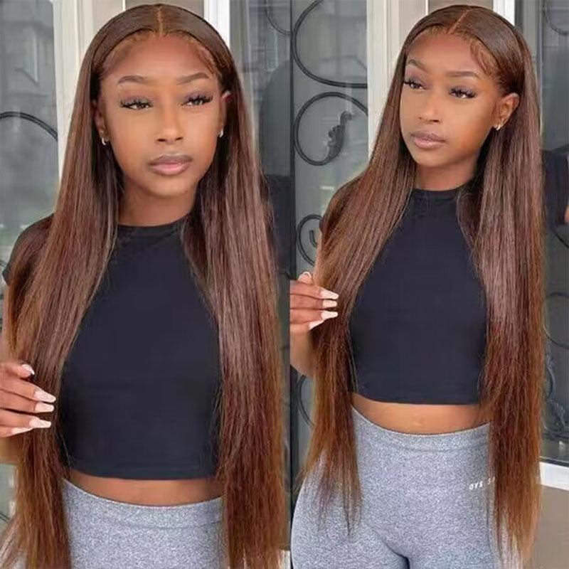 ALIGLOSSY Bye Bye Knots Pre Cut Wear Go Glueless Chocolate Brown Straight Hair Lace Closure Wig 4x4 5x5 HD Transparent Human Hair Lace Wigs