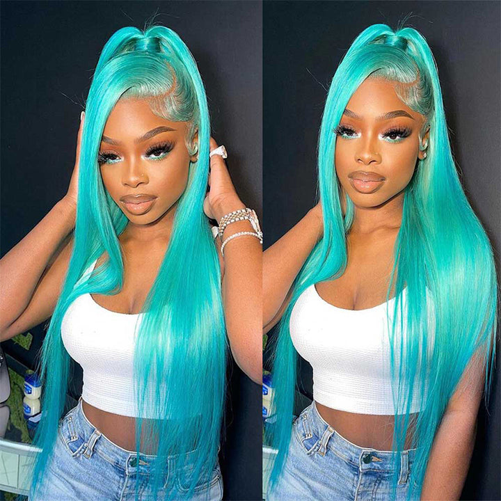 ALIGLOSSY Pastel Green Wig 13x4 Lace Front Straight Body Wave Human Hair Wigs