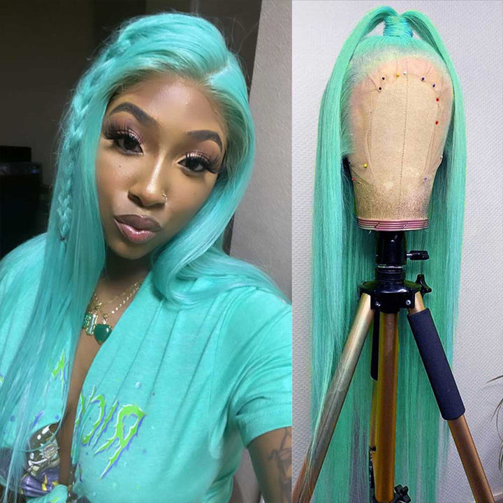 ALIGLOSSY Pastel Green Wig 13x4 Lace Front Straight Body Wave Human Hair Wigs