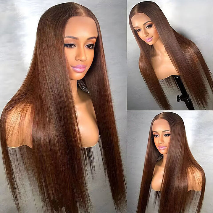 ALIGLOSSY Pre Cut Wear Go Glueless Chocolate Brown Straight Hair Lace Closure Wig 4x4 5x5 HD Transparent Human Hair Lace Wigs