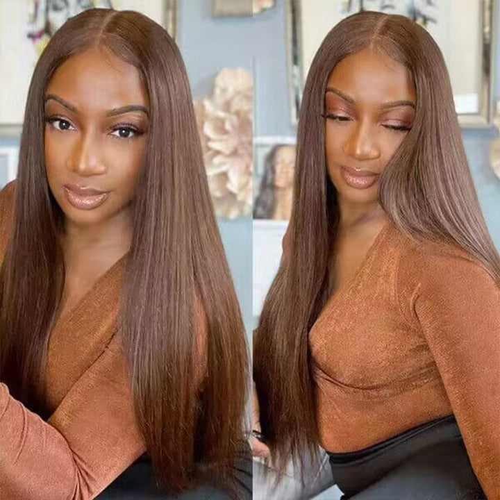 ALIGLOSSY #4 Chocolate Brown Pre Cut 4x4 5x5 Glueless Lace Straight Wear Go Wig