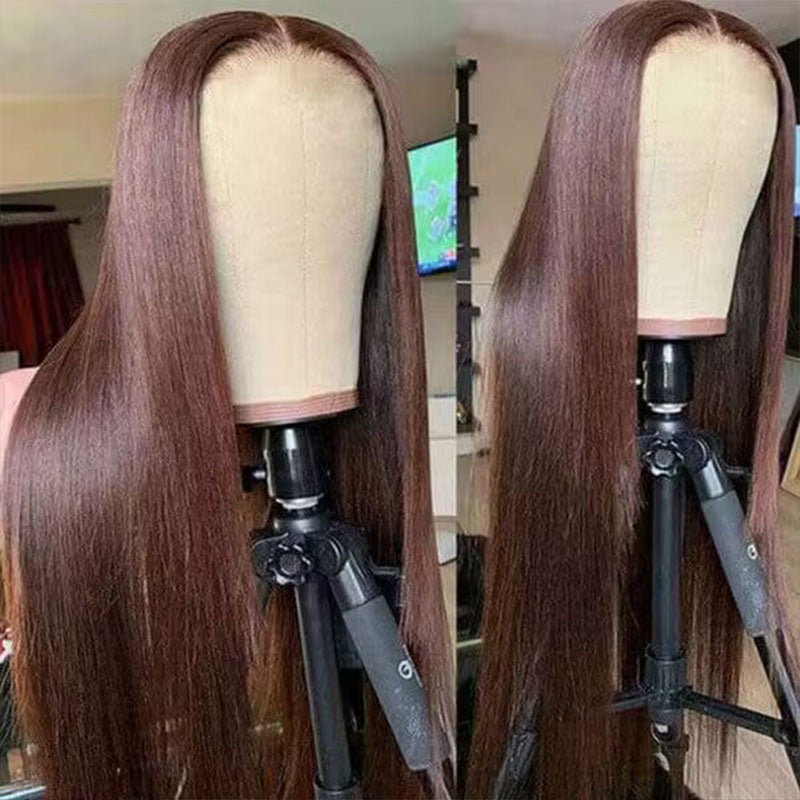 ALIGLOSSY Pre Cut Wear Go Glueless Chocolate Brown Straight Hair Lace Closure Wig 4x4 5x5 HD Transparent Human Hair Lace Wigs