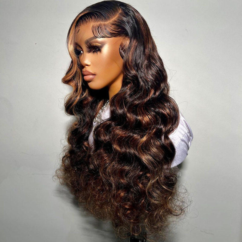 ALIGLOSSY Brown Highlight 13x4 Lace Front Wand Curls Wig 250 Density Loose Deep Wave Human Hair Wigs