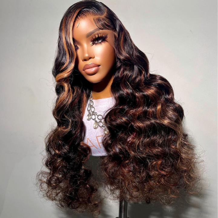 ALIGLOSSY Brown Highlight 13x4 Lace Front Wand Curls Wig 250 Density Loose Deep Wave Human Hair Wigs