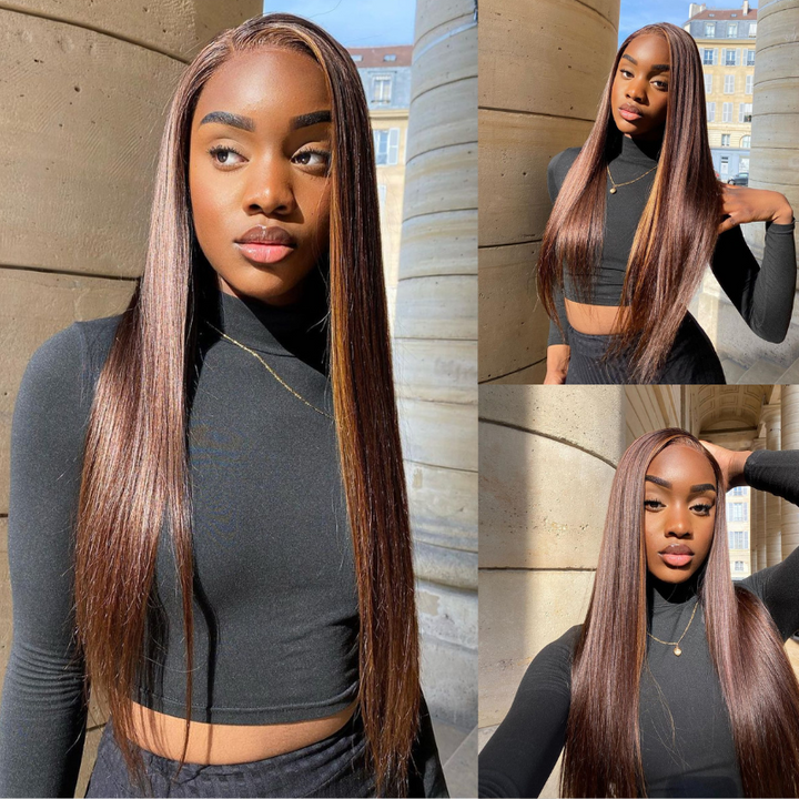 ALIGLOSSY 200% 250%  Chocolate Brown HD Transparent Straight Lace Front Human Hair Wigs Colored 13x4 Lace Frontal Wig #4