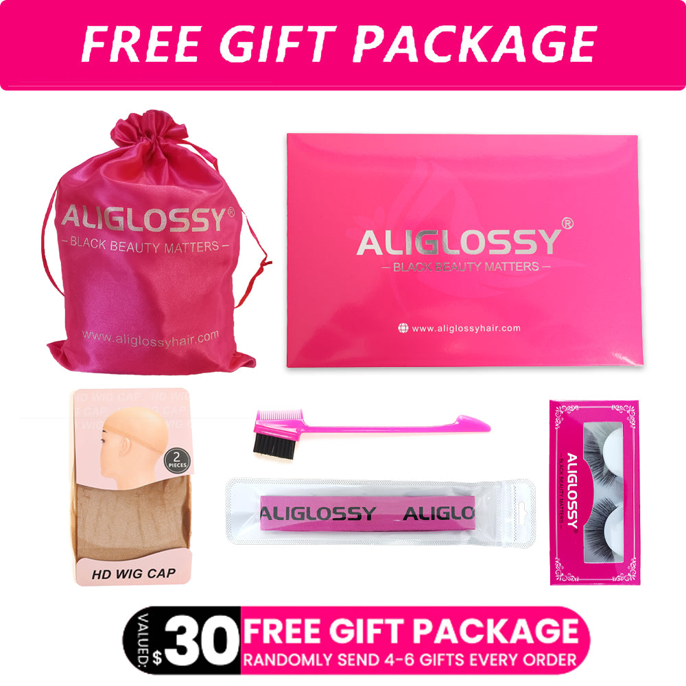 ALIGLOSSY Free Gifts Package, Includes Random 4-6 Gifts : HD Wig Cap, 3D Mink Eyelashes, Elastic Headband, Silky Bag,Baby Hair Brush and the Wig Box