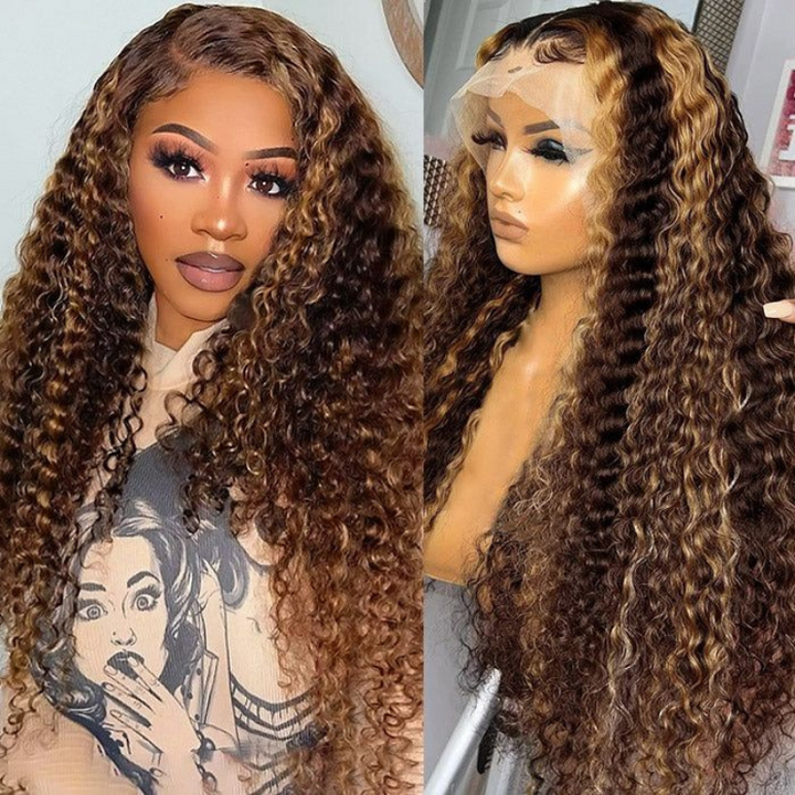 ALIGLOSSY 200 250 Density Deep Wave Wig 4/27 Highlight HD Transparent Curly Human Hair Wigs