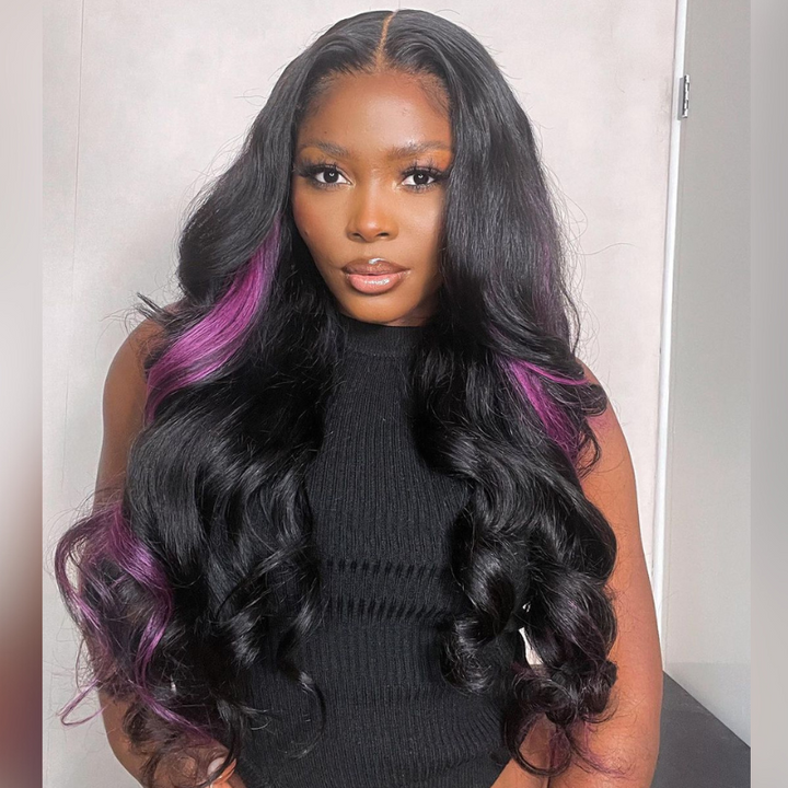 ALIGLOSSY 250 Density Black and Purple Human Hair Wig 13x4 Lace Frontal Wigs