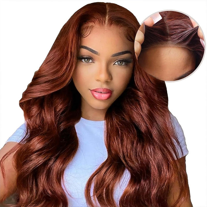 ALIGLOSSY Glueless Reddish Brown Body Wave Wig 180 Density Wear and Go HD Transparent Human Hair Lace Wigs