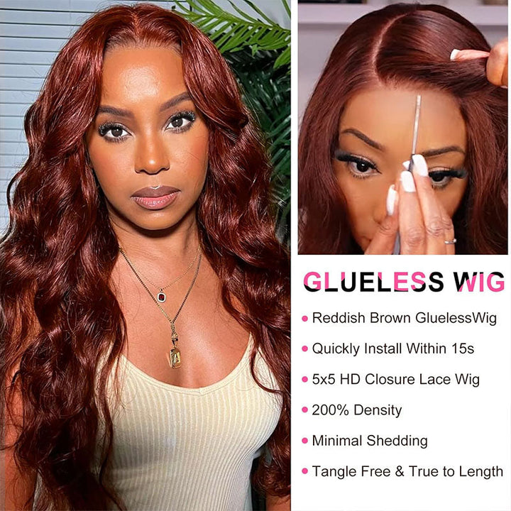 ALIGLOSSY Bye Bye Knots Pre Cut Wear Go Glueless Reddish Brown Body Wave Closure Wig 4x4 5x5 HD Transparent Human Hair Lace Wigs