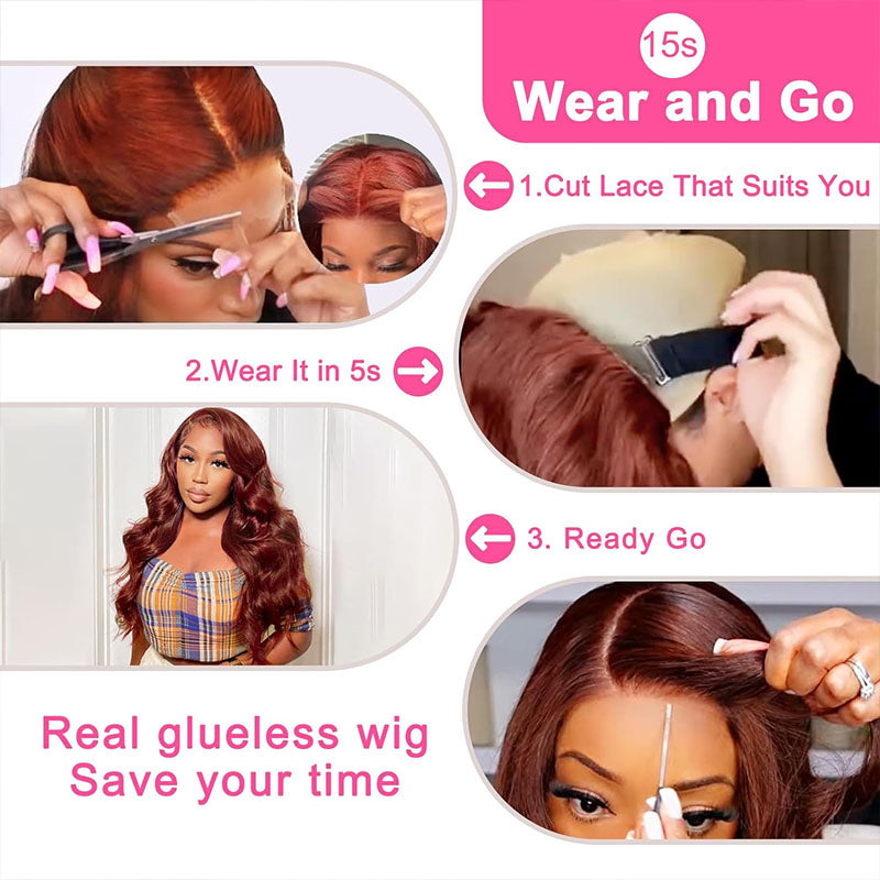 ALIGLOSSY Glueless Reddish Brown Body Wave Wig 180 Density Wear and Go HD Transparent Human Hair Lace Wigs