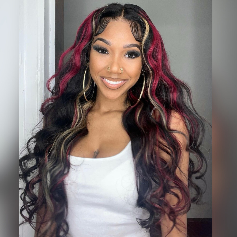 Aliglossy 13x4 Lace Frontal Black Wig With Red Brown Streak Highlihgts Human Hair Wigs
