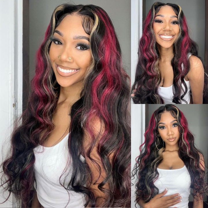 Aliglossy 13x4 Lace Frontal Black Wig With Red Brown Streak Highlihgts Human Hair Wigs