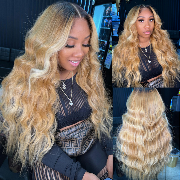 Aliglossy 300 Density Blonde Skunk Brown Highlights Body Wave 13x4 Lace Front Human Hair Wigs