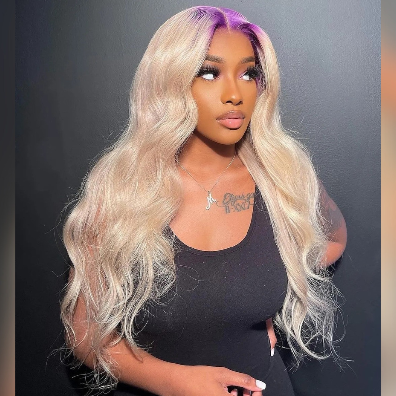 Aliglossy 250 300 Density 613 Blonde Hair Wig With Purple Roots 13X4 Lace Frontal Human Hair Wigs