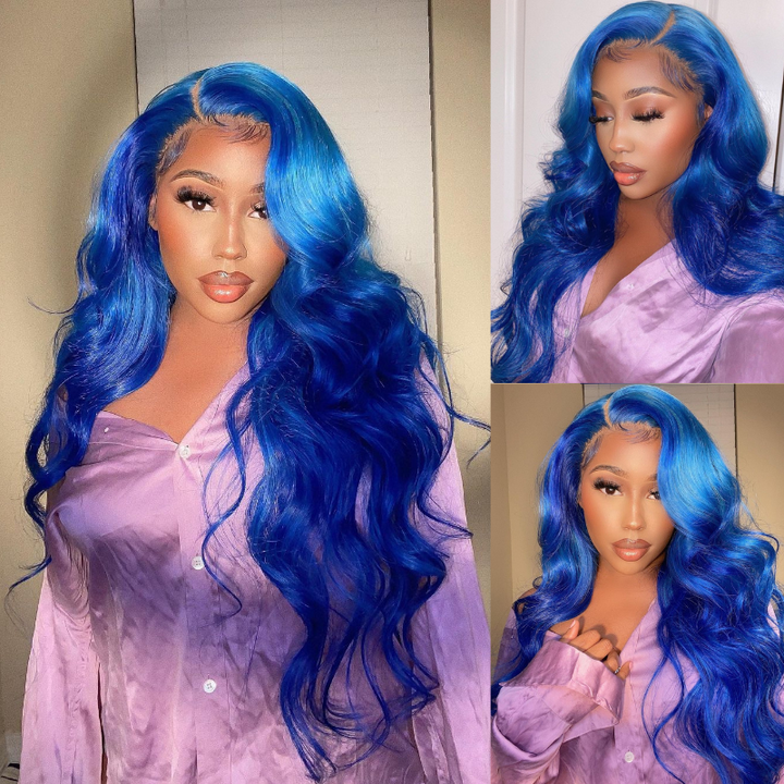 ALIGLOSSY 13x4 Lace Frontal Blue Color Body Wave Human Hair Wigs