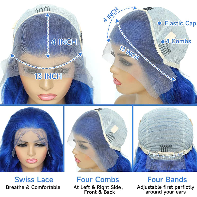 Aliglossy Blue 13x4 Transparent Lace Front Curtain Bangs Body Wave Human Hair Wigs