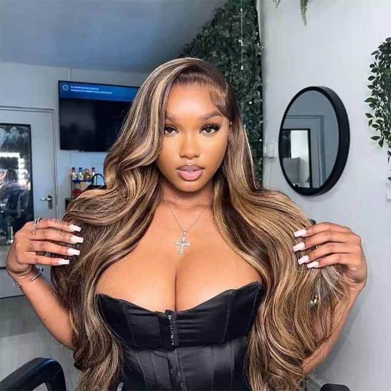 ALIGLOSSY 13x4 HD Lace Front Highlight P4/27 Body Wave Human Hair Wig