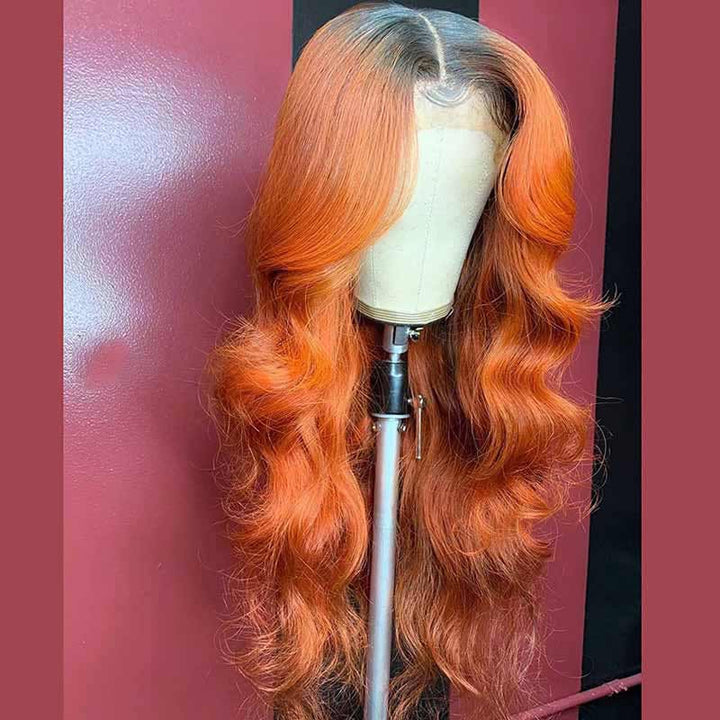 ALIGLOSSY 180 Density 13x4 Transparent Lace Front Ombre 1B/Ginger Body Wave Wig