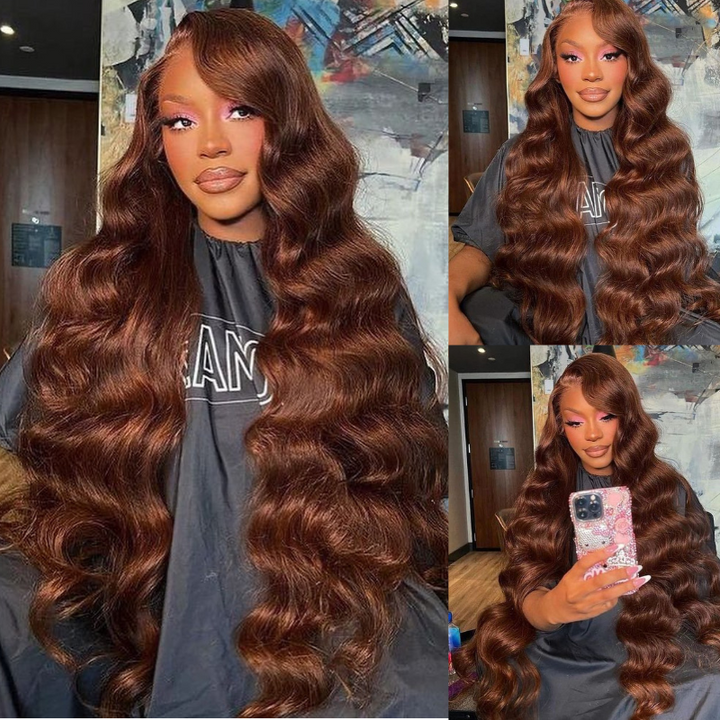 ALIGLOSSY Chocolate Chestnut Brown Wig 30 32 34 36 Inch Wand Curl Loose Deep Wave 13x4 Lace Frontal Human Hair Wigs