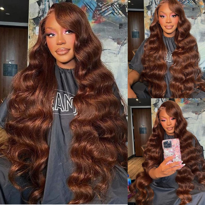 ALIGLOSSY 200 250 Density 30 32 34 36 Inch Wand Curl 13x4 Lace Frontal Chocolate Chestnut Brown Wig