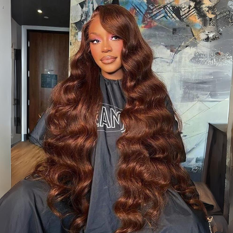 ALIGLOSSY Chocolate Chestnut Brown Wig 30 32 34 36 Inch Wand Curl Loose Deep Wave 13x4 Lace Frontal Human Hair Wigs