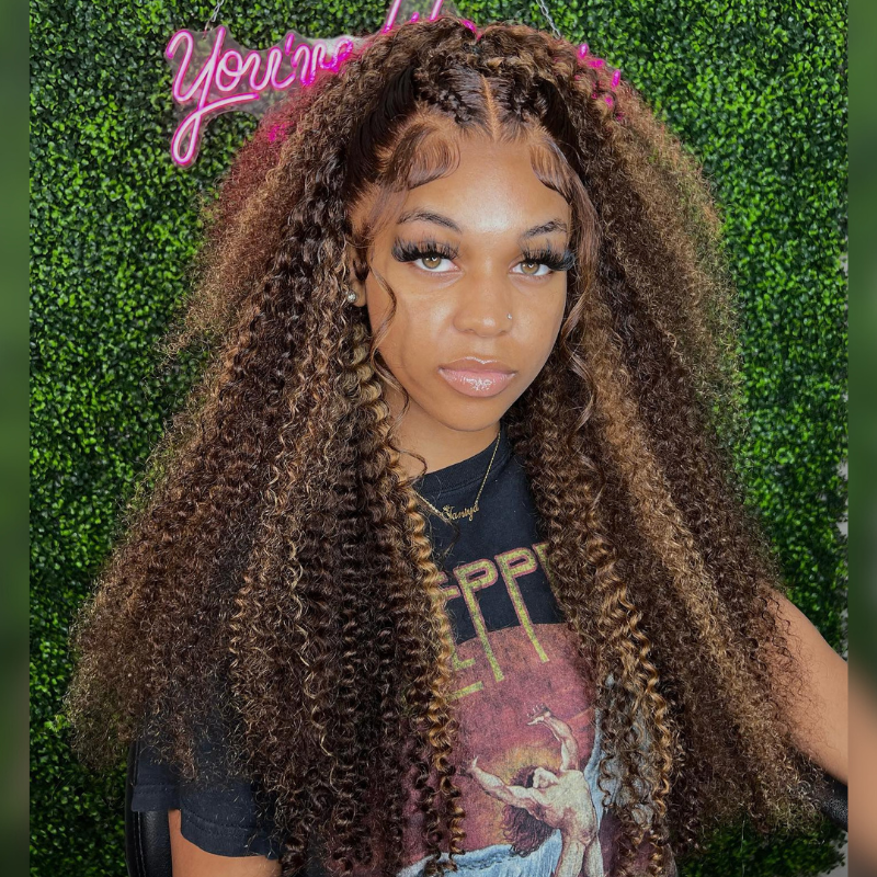 Aliglossy 300 Density Honey Blonde Brown Highlights Kinky Curly 13x4 Lace Front Human Hair Wigs