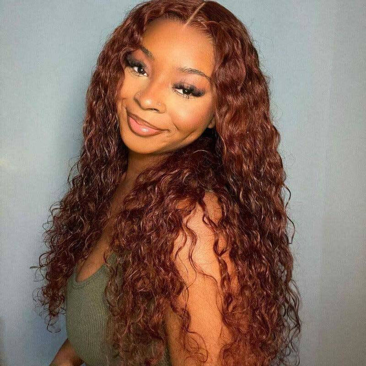 ALIGLOSSY Reddish Brown 13x4 Glueless Deep Wave Curly Human Hair Wigs