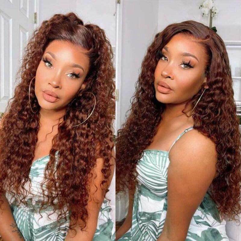 ALIGLOSSY Reddish Brown 13x4 Glueless Deep Wave Curly Human Hair Wigs