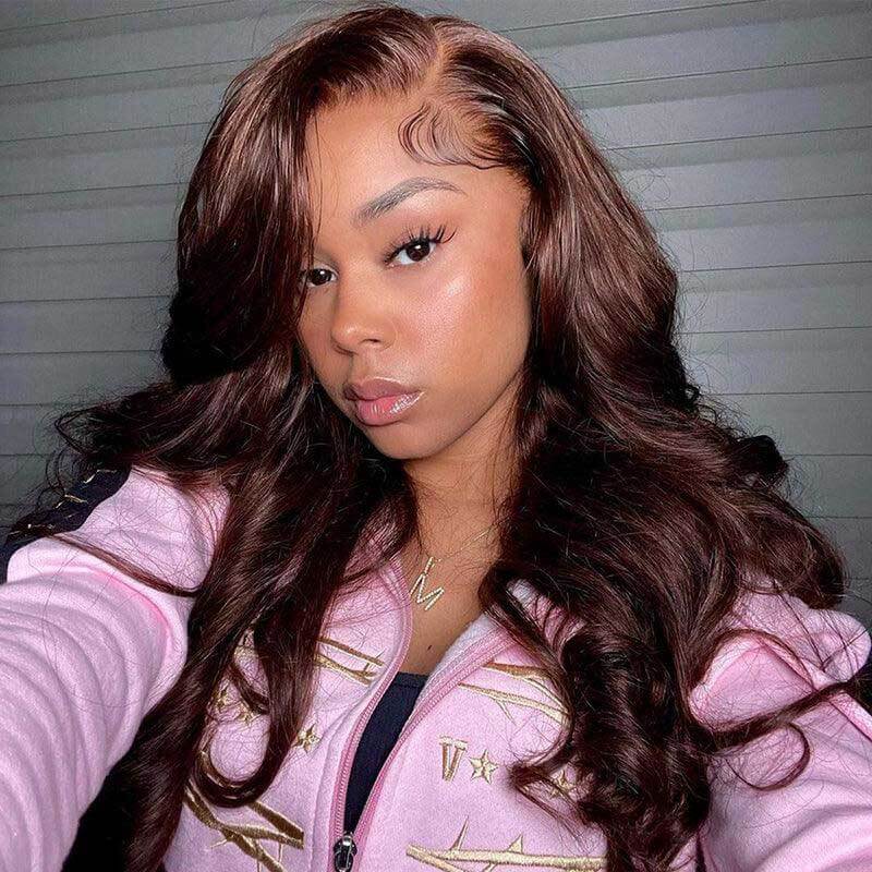 ALIGLOSSY 180% Density Chocolate Brown 13x4 Glueless Body Wave HD Lace Front Wig