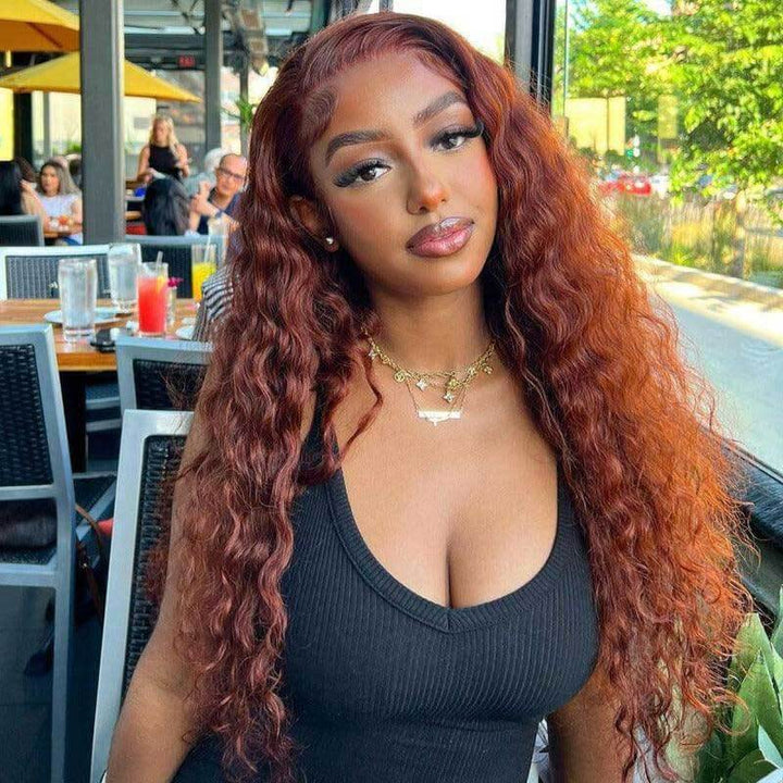 ALIGLOSSY Reddish Brown 13x4 Glueless Deep Wave Curly Human Hair Wigs