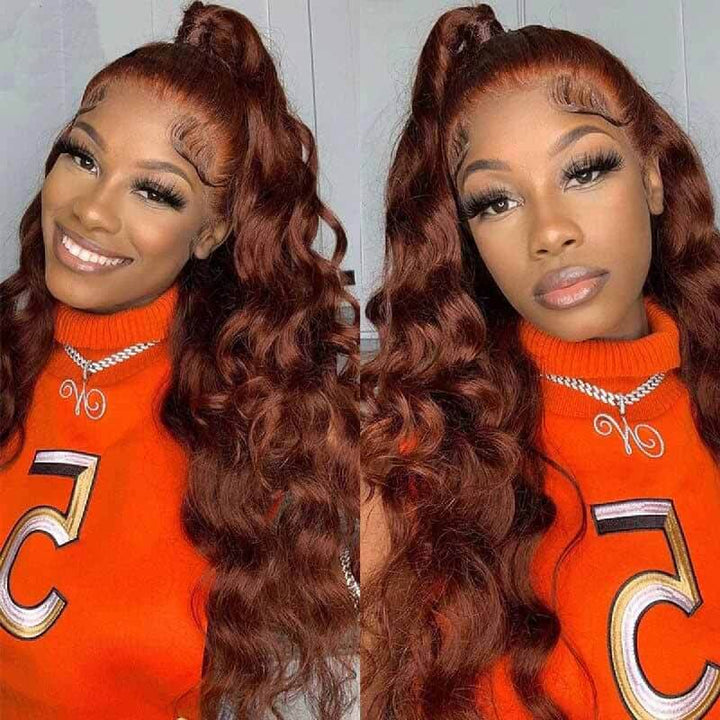 ALIGLOSSY 13X4 Reddish Brown HD Transparent Body Wave Lace Front Wig