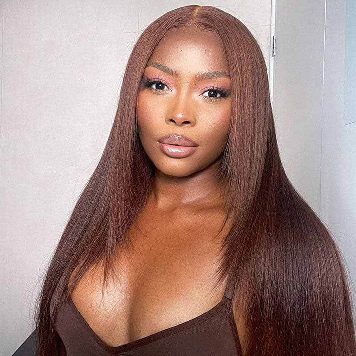 ALIGLOSSY Chocolate Brown 13x4 HD Transparent Straight Lace Front Human Hair Wigs