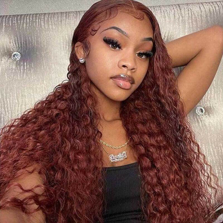 ALIGLOSSY Reddish Brown 13x4 Glueless Deep Wave Curly Human Hair Wigs